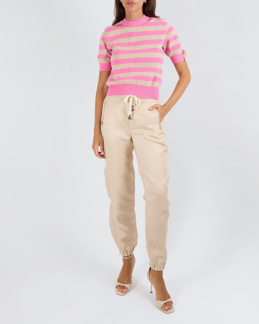 Ermanno Scervino Beige Linen and Cotton Blend Joggers with Elasticated Waistband and Cuffs with Crystal Embellished Tie Detail with Silver Zippers Size IT 40 (UK 8)