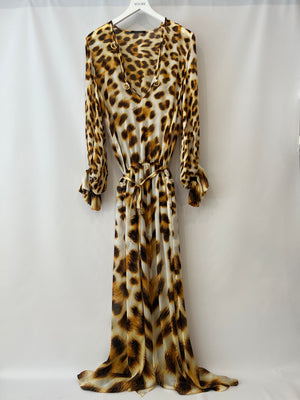 Roberto Cavalli Cream and Brown Leopard Silk Maxi Dress Size IT 40 (UK 8)