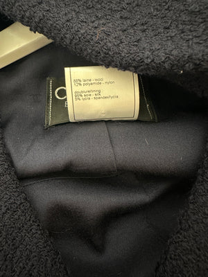 Chanel 97A Navy Wool Long Sleeve Jacket and Pencil Skirt Set with Red, Blue, Green and Yellow Neckline Applique Detail Size FR 38 (UK 10)