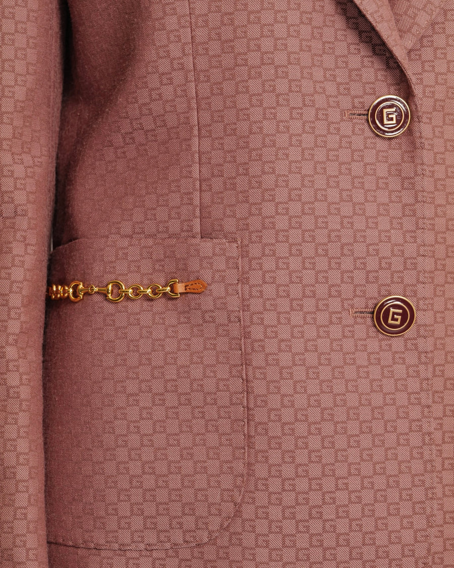 Gucci Pink GG Logo Printed Jacket with Gold Logo Buttons and Chain Details Size IT 44 (UK 12) RRP £2,400