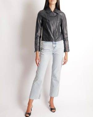 Chanel Navy Calfskin Leather Jacket with Quilted Details and Black CC Logo Buttons Size FR 34 (UK 6)