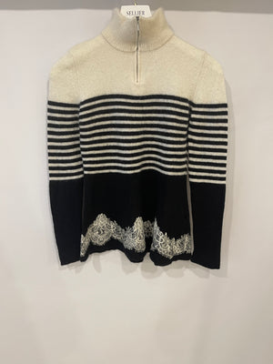 Ermanno Scervino Black and White Striped Cashmere Jumper with Lace Details Size IT 38 (UK 6)
