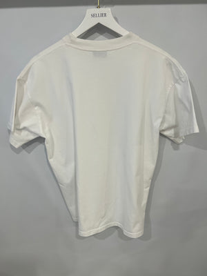 Balenciaga White T-Shirt with Navy Logo and Crest Print Size S (UK 8)