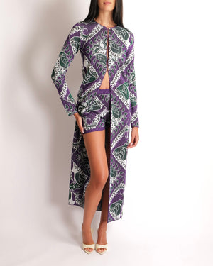 Valentino Purple, Green, and White Shimmery Long Cardigan and Shorts Set with Leaves and Logo Prints Size M (UK 10) RRP £3,650