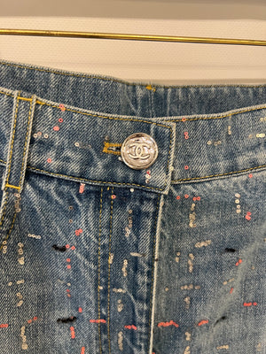 Chanel Métiers d'Art 2023 Denim Patchwork Jeans with Pink, Silver and Black Micro Sequin Details and Silver CC Logo Button Size FR 34 UK 6
