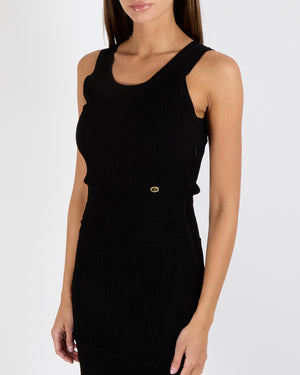 Chanel Vintage 07P Black Knit Ribbed Sleeveless Mini Dress with Pleated Skirt and Gold and Black CC Logo Button Detail Size FR 36 (UK 8)