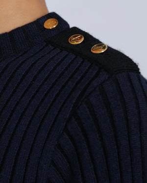 Louis Vuitton Navy and Black Cashmere Ribbed Jumper with Gold LV Logo Buttons Size S (UK 8)