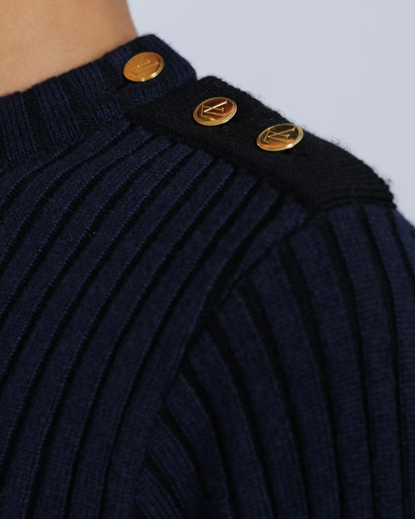 Louis Vuitton Navy and Black Cashmere Ribbed Jumper with Gold LV Logo Buttons Size S (UK 8)