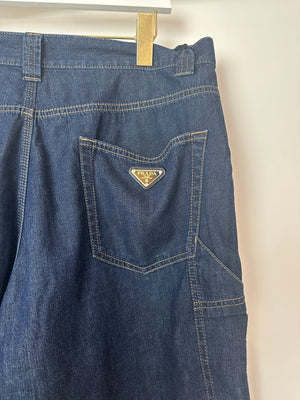 Prada Men's Dark Blue Light Denim Shorts with Logo Detail On The Back Pocket Size 34