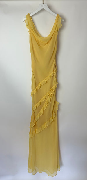 Saloni Pastel Yellow Renu Draped Ruffle Silk Blend Maxi Dress Size UK UK 8