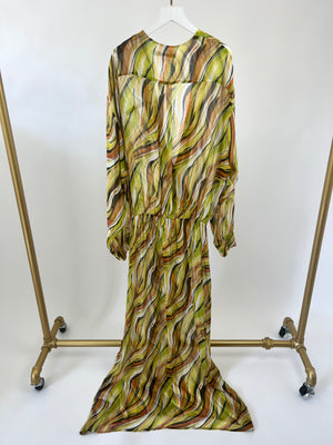 Christopher Esber Green, Brown Orange Sheer Printed Silk Shirt Dress Size UK 10