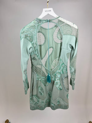 Emilio Pucci Pastel Green Suede Embellished Midi Dress with Mesh Detail IT 40 (UK 8)