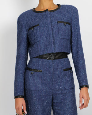 Chanel Cruise 2019 Blue Tweed Cropped Jacket and Trousers Set with CC Logo Buttons and Black Leather Trims Size FR 36/38 (UK 8/10)
