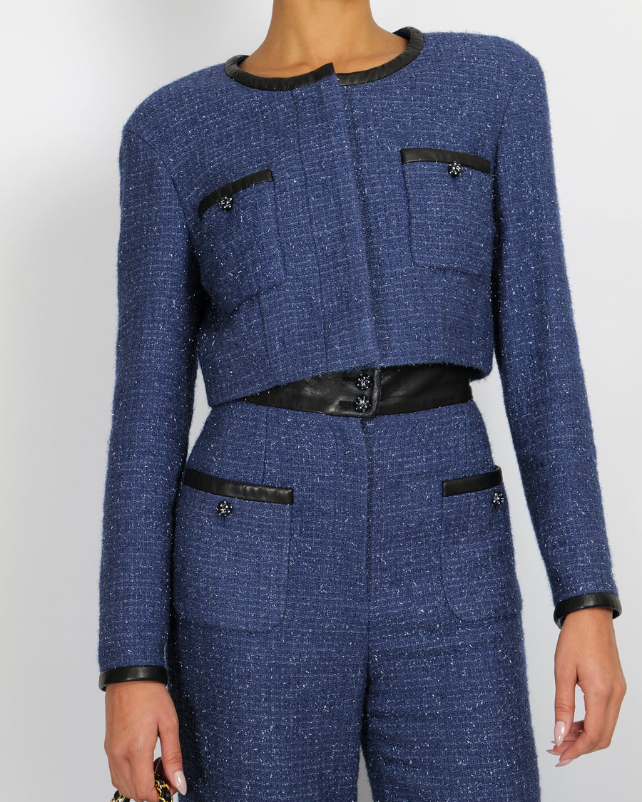 Chanel Cruise 2019 Blue Tweed Cropped Jacket and Trousers Set with CC Logo Buttons and Black Leather Trims Size FR 36/38 (UK 8/10)