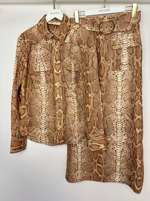 Zimmermann Tan Natura Linen Snake Print Shirt and A-Line Midi Belted Skirt with Pocket Detail Size 1 (UK 10)