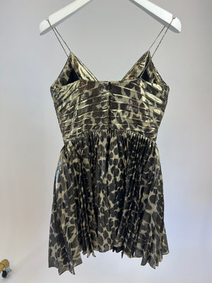 Saint Laurent Gold Metallic Leopard Print Pleated Mini Dress Size FR 36 (UK 8)