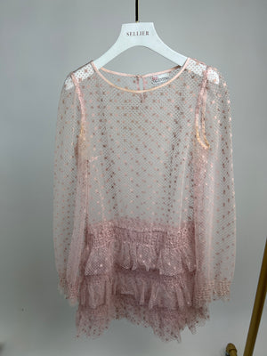 Red Valentino Baby Pink Polka Dot Sheer Long-Sleeve Tiered Mini Dress Size IT 42 (UK 10)