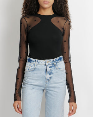 Givenchy Black Bodysuit with Mesh Sleeves with Velvet Logo Prints Size M (UK 10)