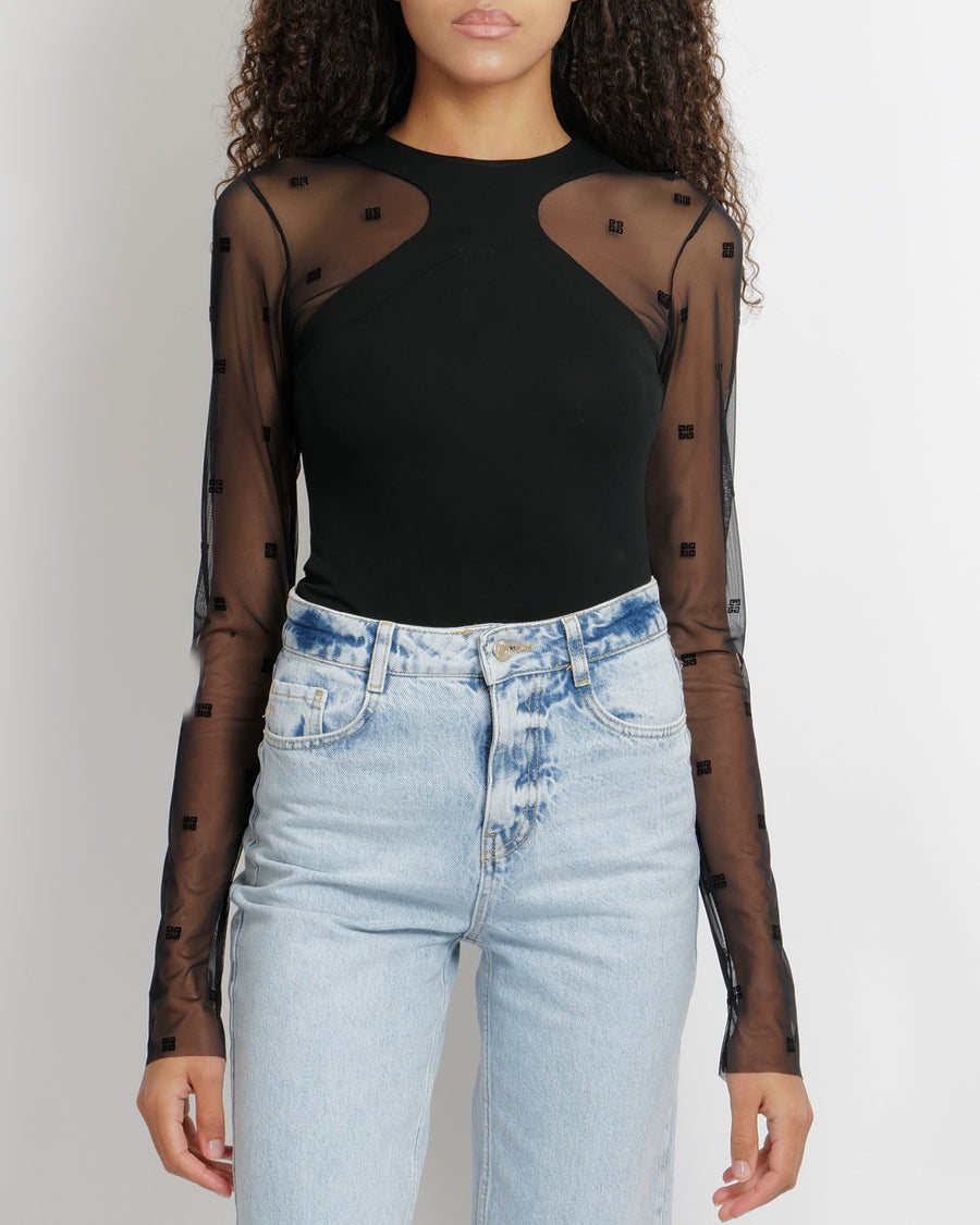 Givenchy Black Bodysuit with Mesh Sleeves with Velvet Logo Prints Size M (UK 10)