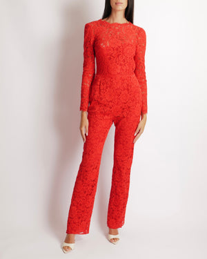 Valentino Red Floral Print Lace Long-Sleeved Jumpsuit Size IT 40 (UK 8)