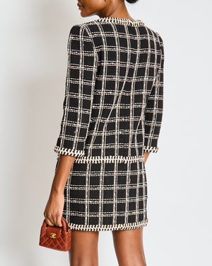 Chanel Cruise 2023 Black and White Tweed Mini Dress with Crystal Contrast Trim and Embellished Buttons Size FR 38 (UK 10)