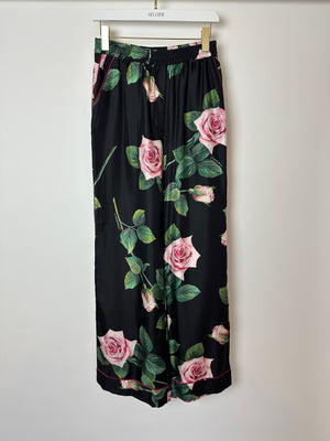Dolce & Gabbana Black Floral Print Silk Trousers Size IT 42 (UK 12)