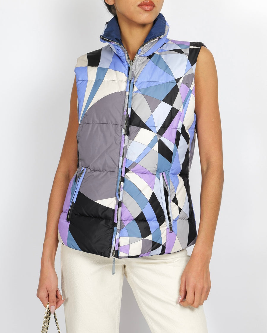 Emilio Pucci Purple and Multi-Colour Reversible Sleeveless Puffer Jacket with Abstract Pattern Size IT 44 (UK 12)