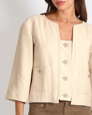 Chanel Cruise 2014 Beige and Metallic Gold Jacket with Gold CC Logo Buttons Size FR 42 (UK 14)