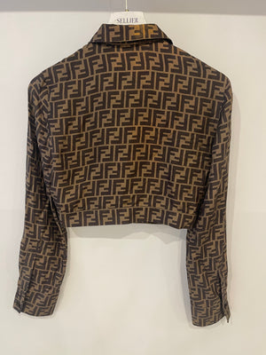 Fendi Brown Silk FF Logo All Over Cropped Shirt Size IT 38 (UK 6)