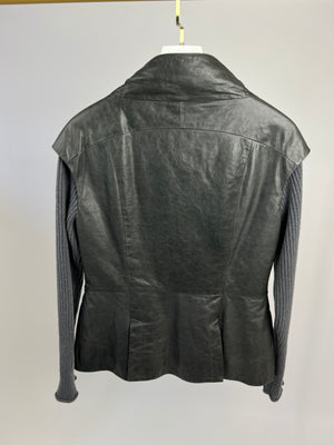 Brunello Cucinelli Grey Leather Panelled Asymmetric Zip Jacket with Ribbed Cashmere Sleeves IT 44 (UK 12)