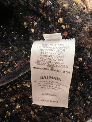 Balmain Brown Tweed Long-Sleeved Mini Dress with Metallic Details and Fringed Trims Size FR 38 (UK 10)