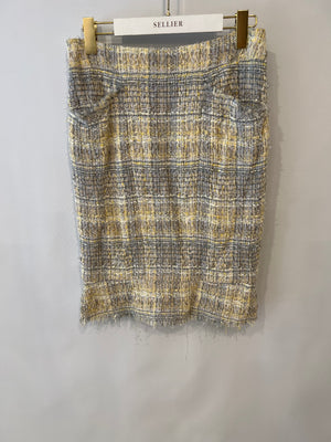 Chanel Yellow & Grey Tweed Midi Skirt with Pockets and Belt Size FR 38 (UK 10)