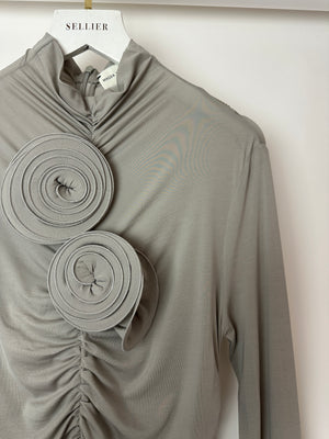 Magda Butrym Grey Ruched Stretch-Jersey Mini Dress with 3D Flower Appliqué Size FR 36 (UK 8)