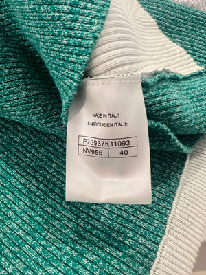 Chanel Cruise 2025 Silver Metallic and Green Ribbed Short-Sleeve Top with Crystal CC Logo Detail Size FR 40 (UK 12)