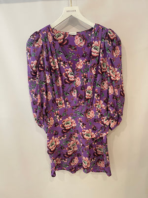 Magda Butrym Purple Floral Silk Mini Dress with Shoulder Pads Size FR 38 (UK 10)