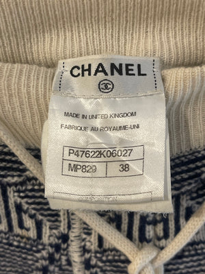Chanel Navy Blue and White Cashmere Top and Trousers Set with CC Logo Buttons Size FR 36/38 (UK 8/10)