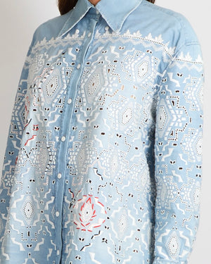 Ermanno Scervino Light Blue Denim Shirt Dress with White and Red Aztec Embroideries and Perforated Details Size IT 36 (UK 4)
