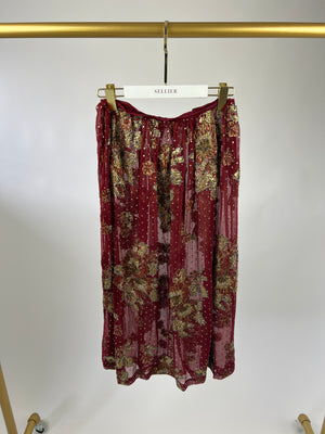 Saint Laurent Burgundy and Gold Sheer Floral Embellished Midi Skirt (UK 8)