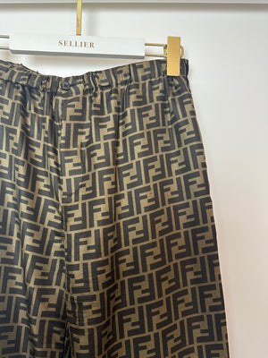 (NEEDS DRY CLEANING AFTER SHOOT) Fendi FF-Motif Printed Trousers in Brown Silk Size IT 38 (UK 6)
