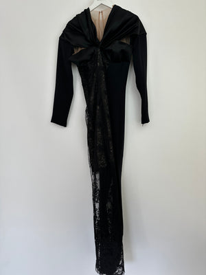 Alessandra Rich Black Long Sleeve Lace Maxi Dress with Floral Detail IT 42 (UK 10)