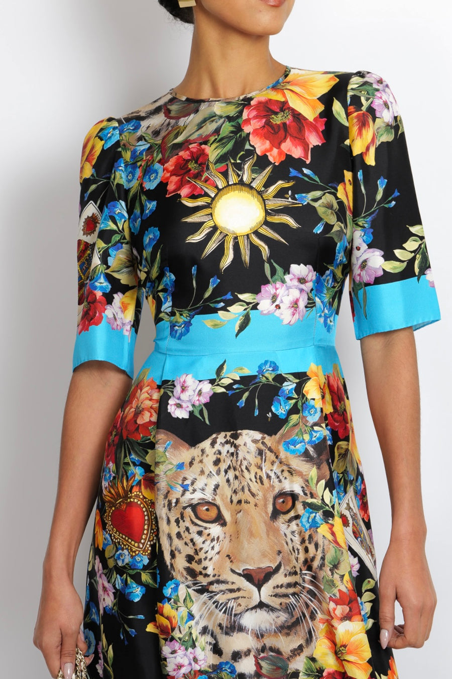 Dolce & Gabbana Black Silk Short-Sleeved Midi Dress with Multi-Colour Floral Print and Leopard Face Detail Size IT 40 (UK 8)