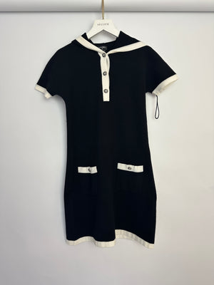 *HOT* Chanel 24C Navy Knitted Short Hooded Dress with Silver & Black CC Buttons Detail Size FR 34 (UK 8)