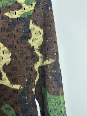 Christian Dior John Galliano Green, Khaki, Black and Brown Camouflage Open Knit Mock Neck Top with Cut Out Detail Size FR 40 (UK 12)