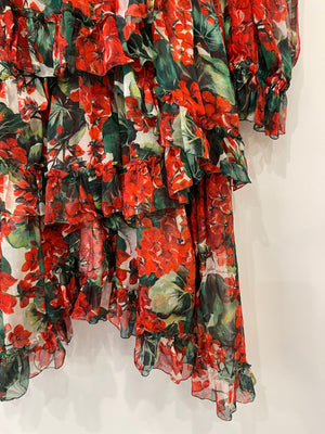 Dolce & Gabbana Red Floral Silk Ruffle Long-Sleeve Mini Dress Size IT 40 (UK 8)