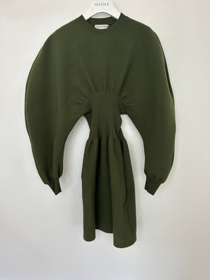 Bottega Veneta Khaki Green Balloon-Sleeve Wool Knee-Length Dress Size XS (UK 6)