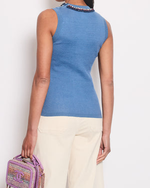 Chanel Blue Ribbed Knit Sleeveless Top With Red, White & Blue Tweed Embroidered Trim and CC Button Detail FR 36 (UK 8)