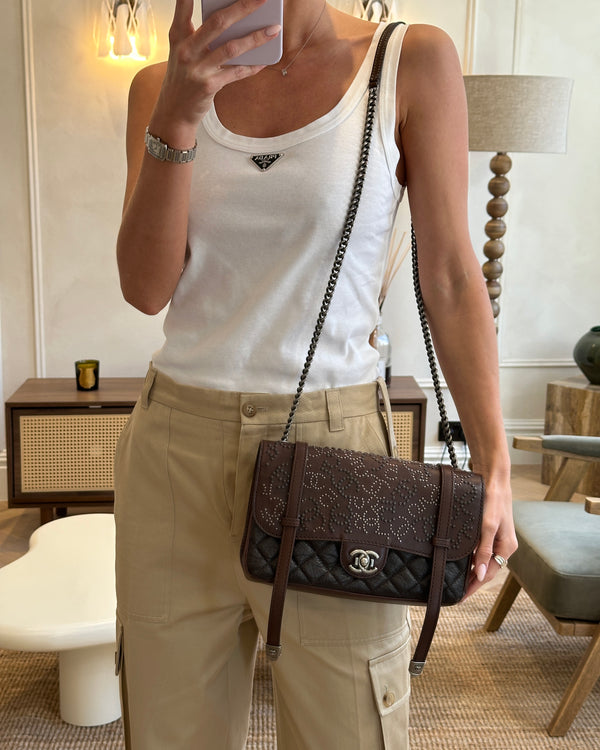 *HOT* Chanel Brown Paris/Dallas Studded Buckle Single Flap Bag in Calfskin Leather with Ruthenium Hardware