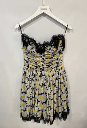 Dolce & Gabbana Black and White Daisy Printed Sleeveless Mini Dress with Rouched Bustier Top Detail and Black Lace Trims Size IT 38 (UK 6)
