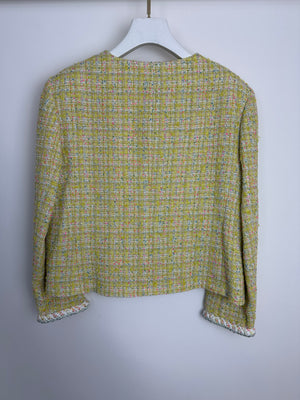 Chanel 24C Yellow, White, Pink & Blue Metallic Tweed Check Collarless Jacket with Crystal CC Buttons Size FR 44 (UK 16) RRP £6,500