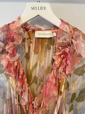 Zimmermann Pink and Light Blue Floral Mini Dress with Ruffle Details and Braided Belt Size 3 (UK 14)